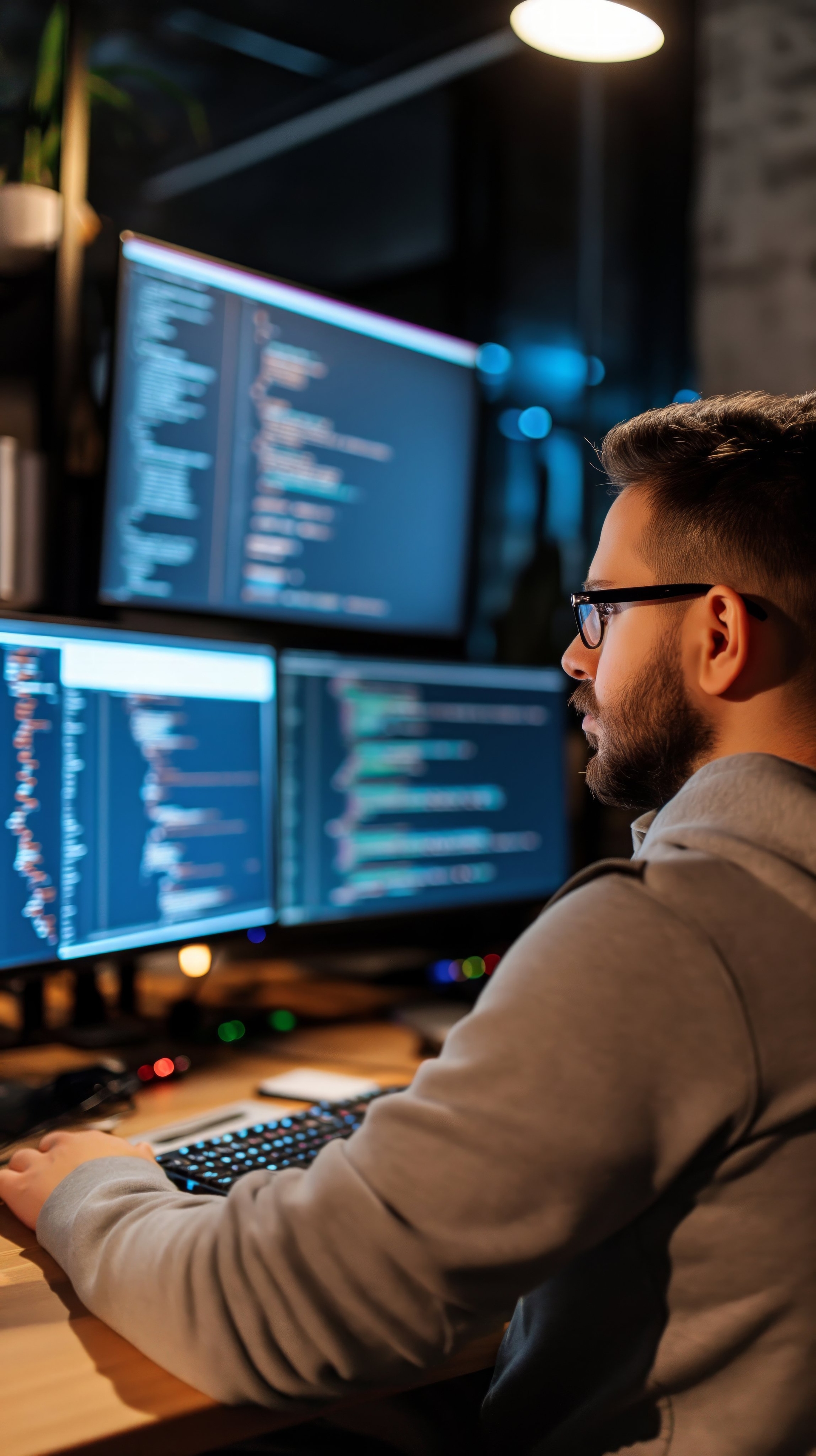 Desenvolvedor trabalhando com código em múltiplos monitores