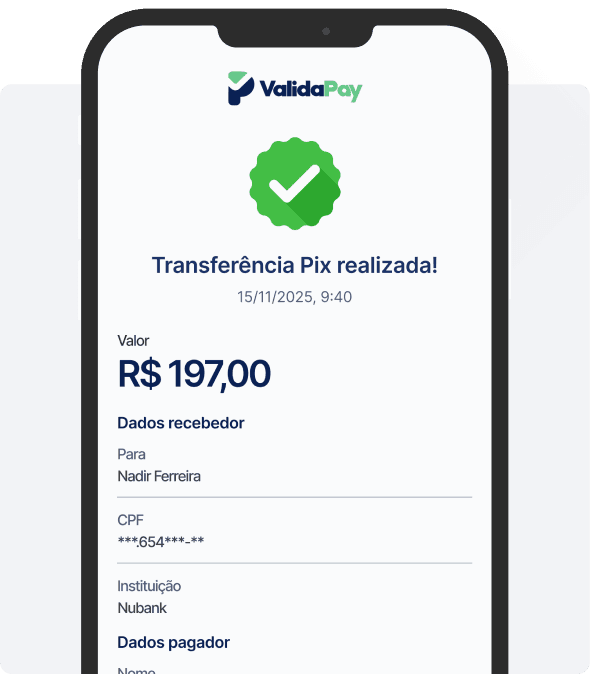Tela de transferência Pix realizada no app ValidaPay