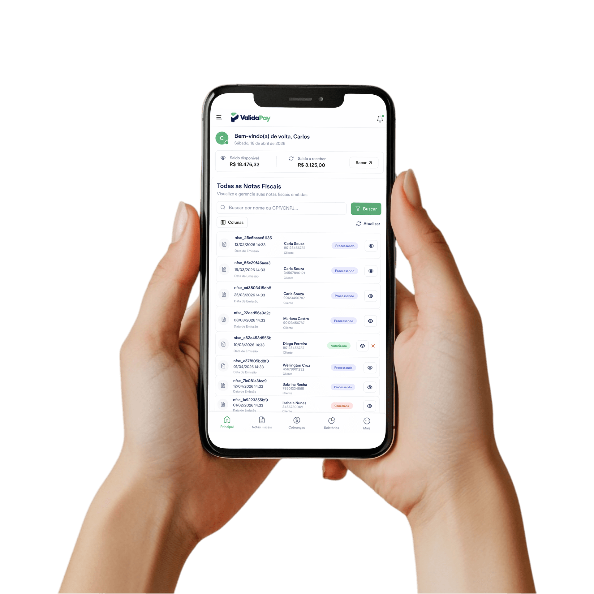 App ValidaPay de gestão de saques em um celular