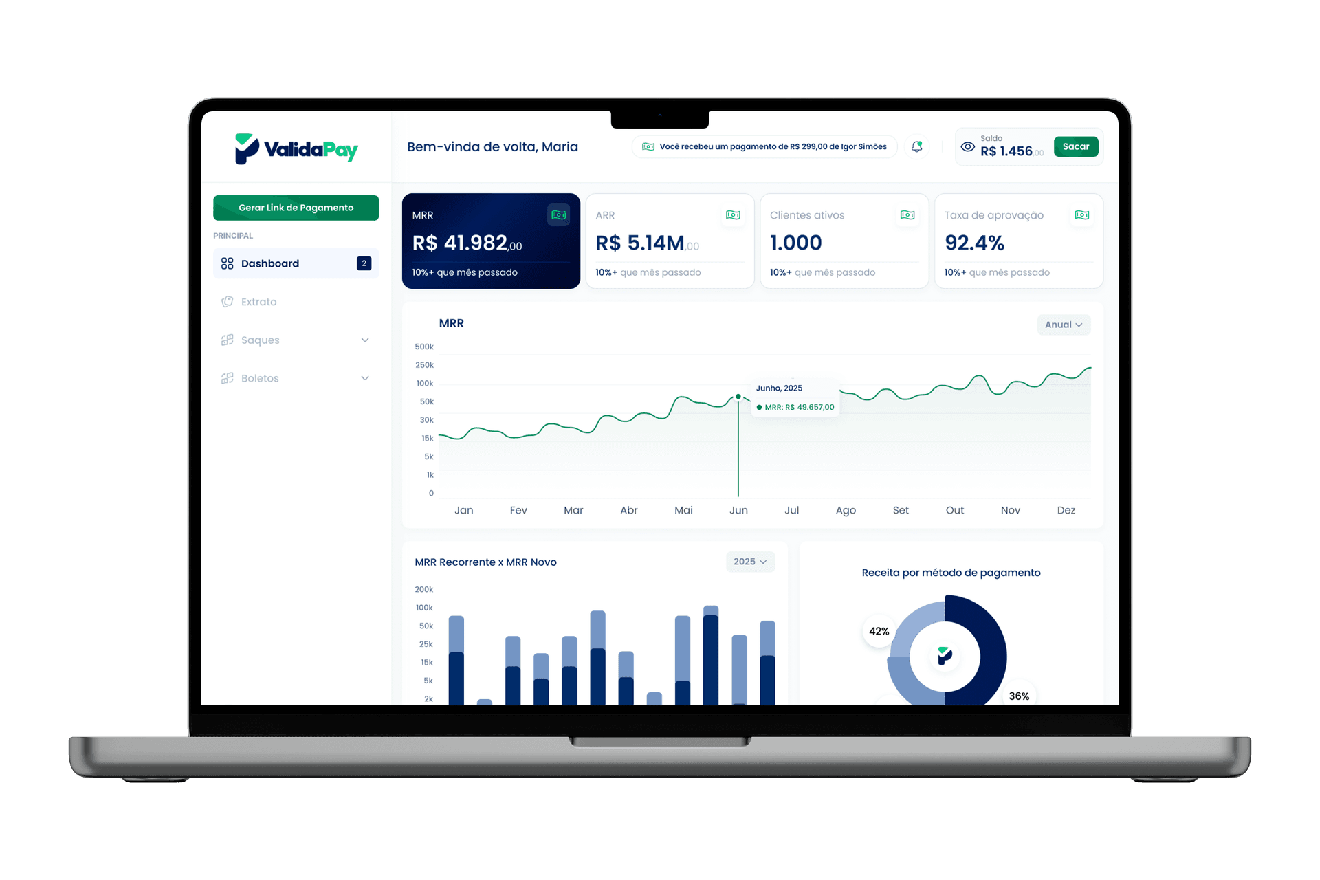 Dashboard Analytics ValidaPay em um notebook