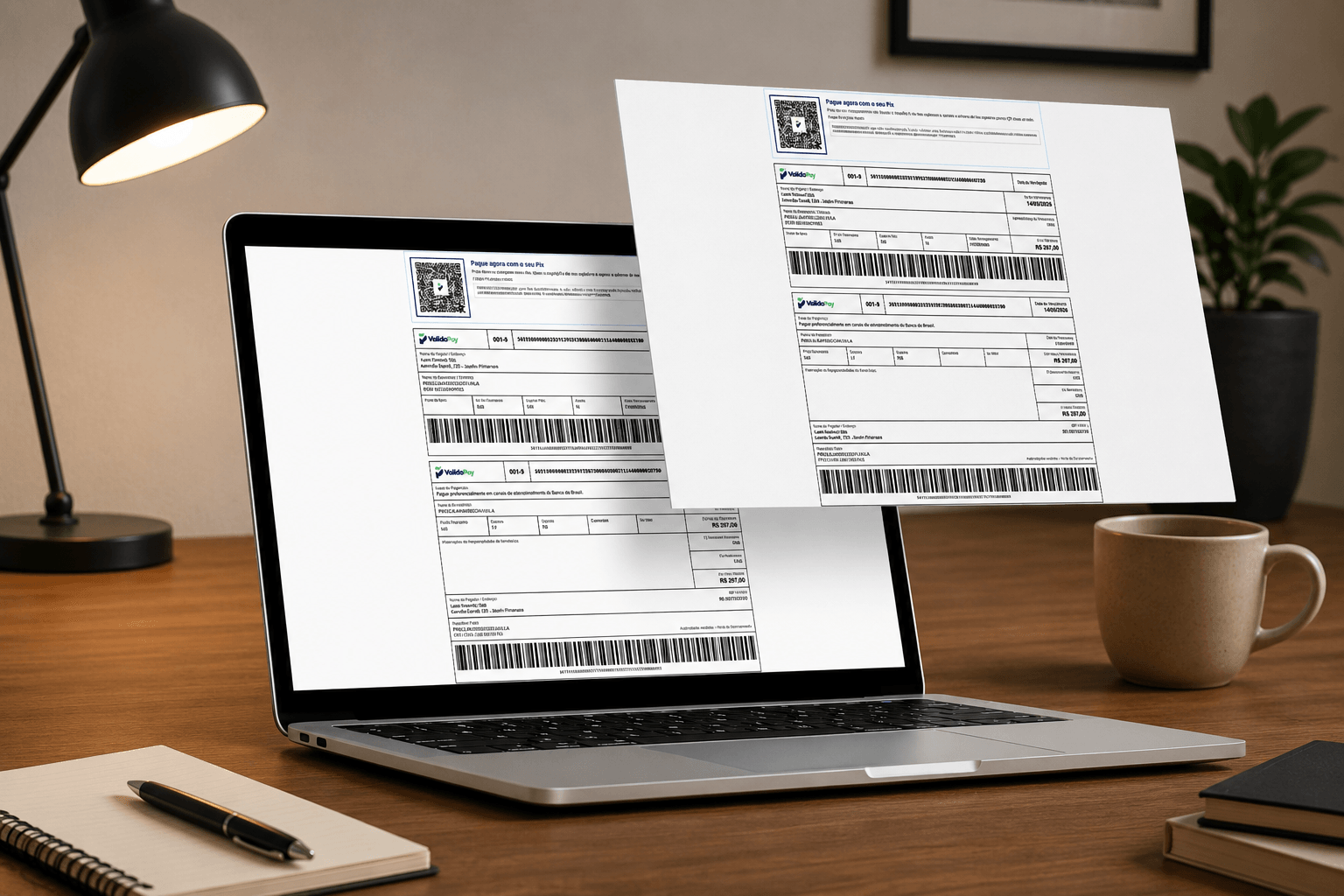 Notebook exibindo um BolePix com boleto impresso ao lado