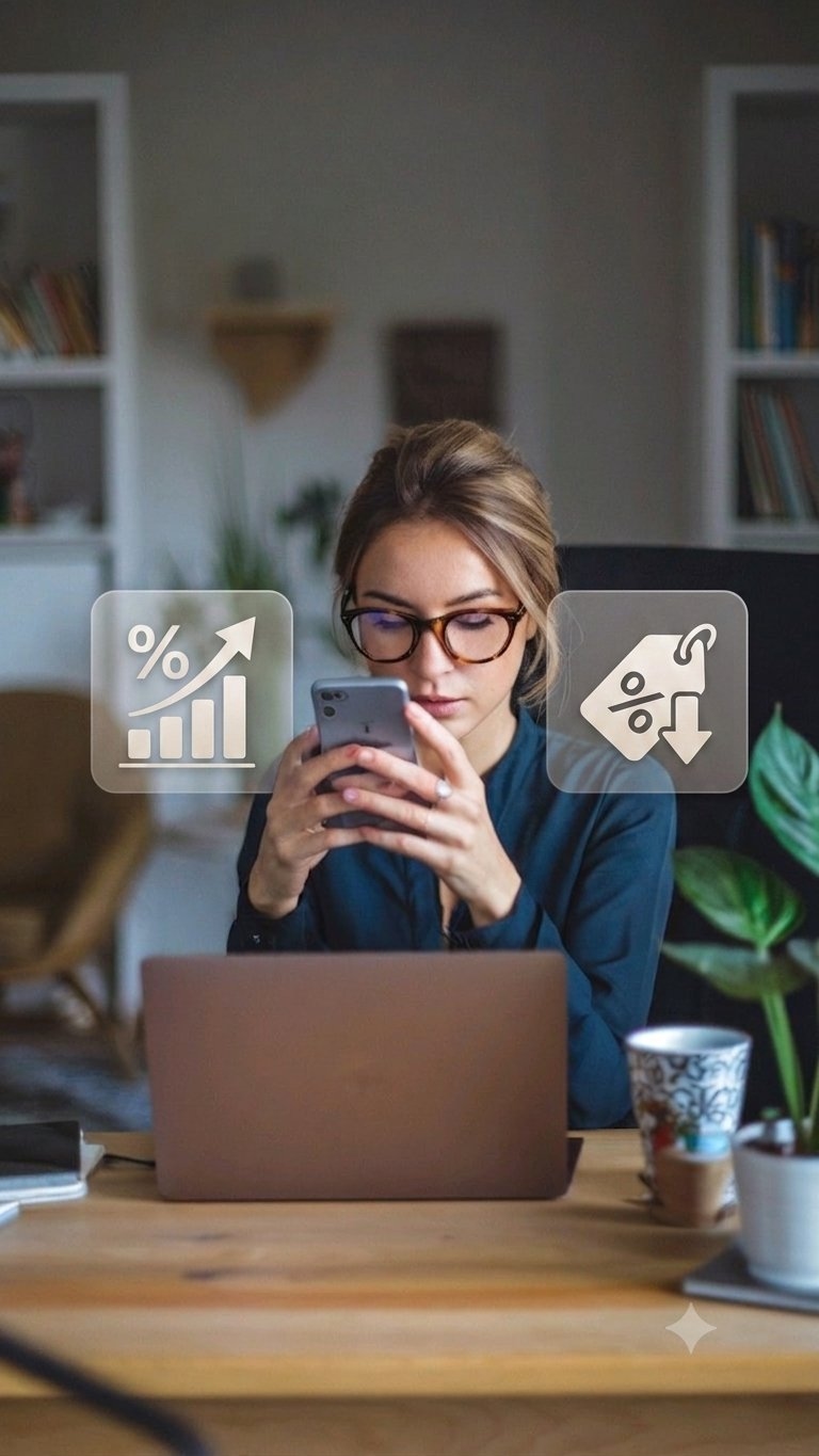Mulher analisando no celular ícones de juros e desconto
