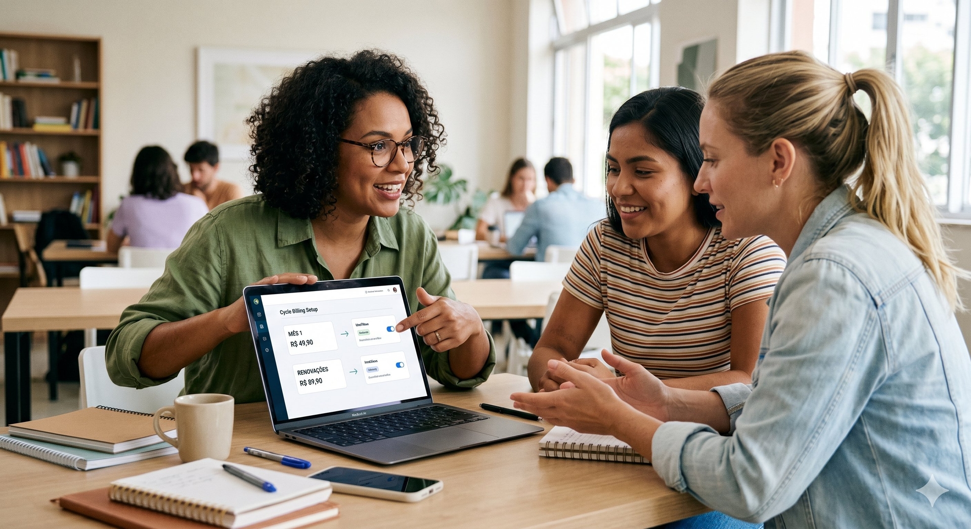 Equipe analisando configuração de cobrança recorrente em um notebook