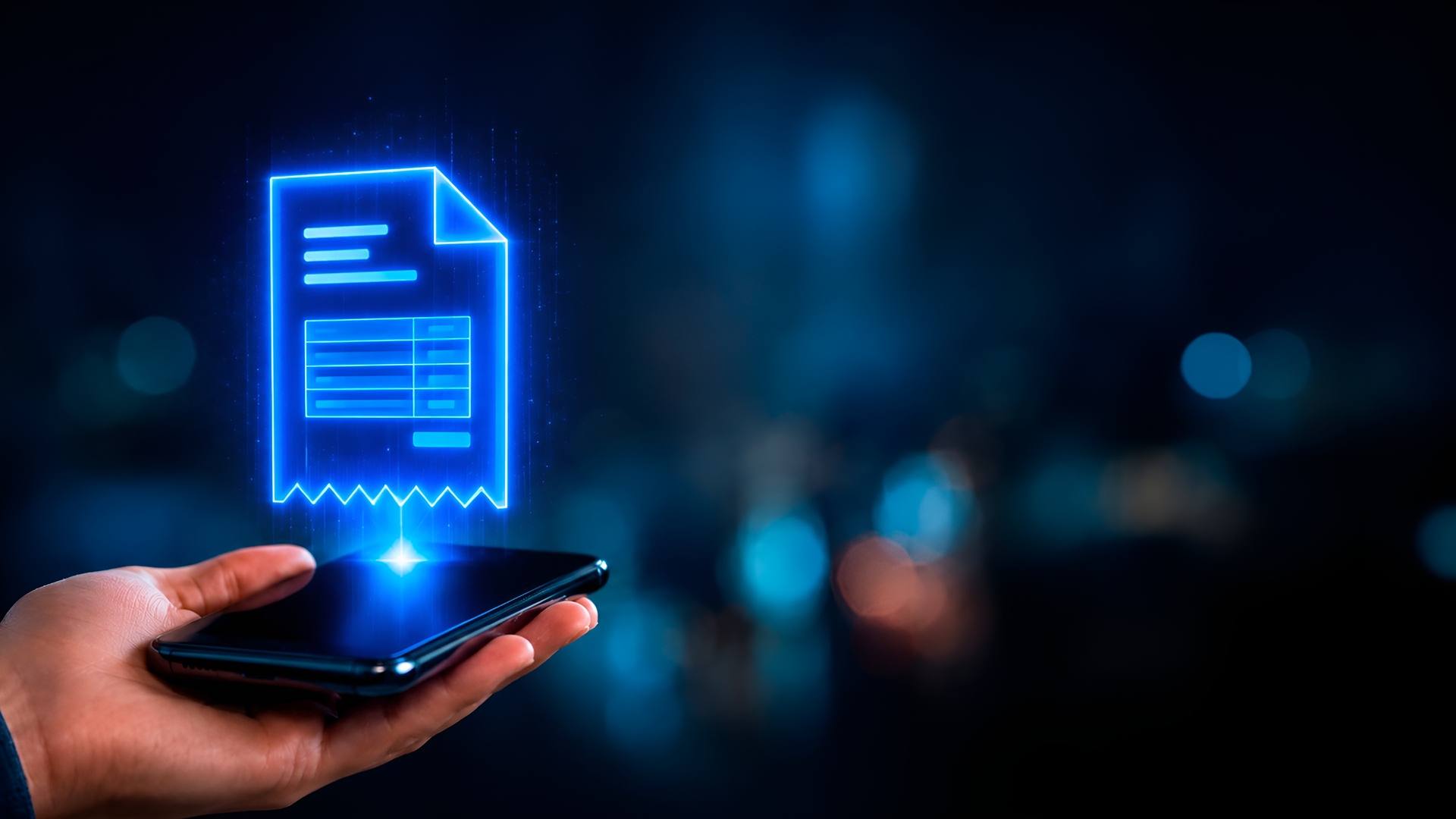 Documento de Nota Fiscal digital projetado sobre um smartphone
