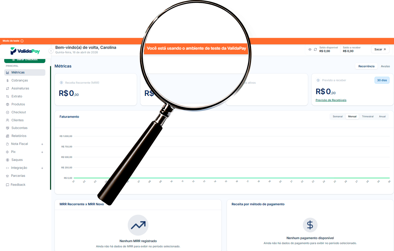Dashboard Sandbox da ValidaPay com alerta laranja e lupa em destaque