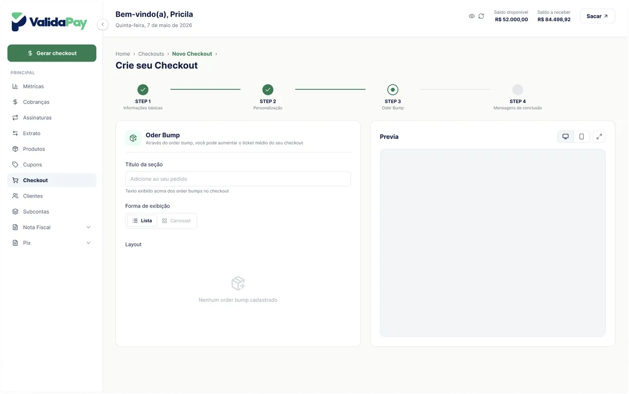 Painel da ValidaPay exibindo a configuração de Order Bump no checkout