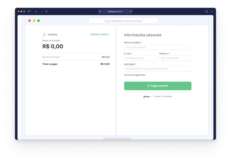 Tela de checkout da ValidaPay com formulário de informações pessoais e pagamento via PIX